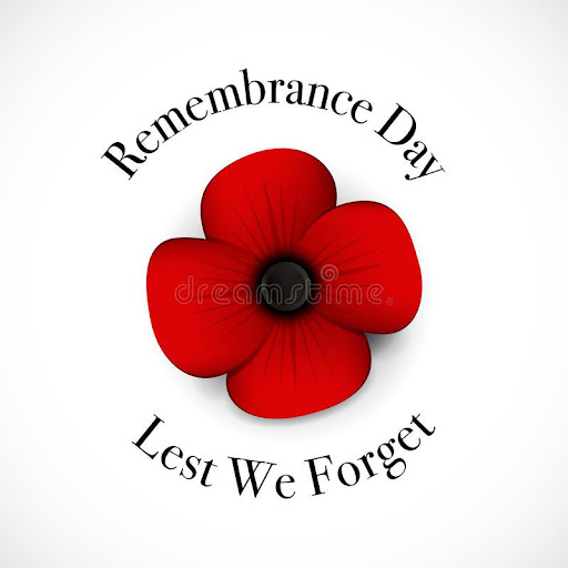 Remembrance Day Lest We Forget logo with a flower